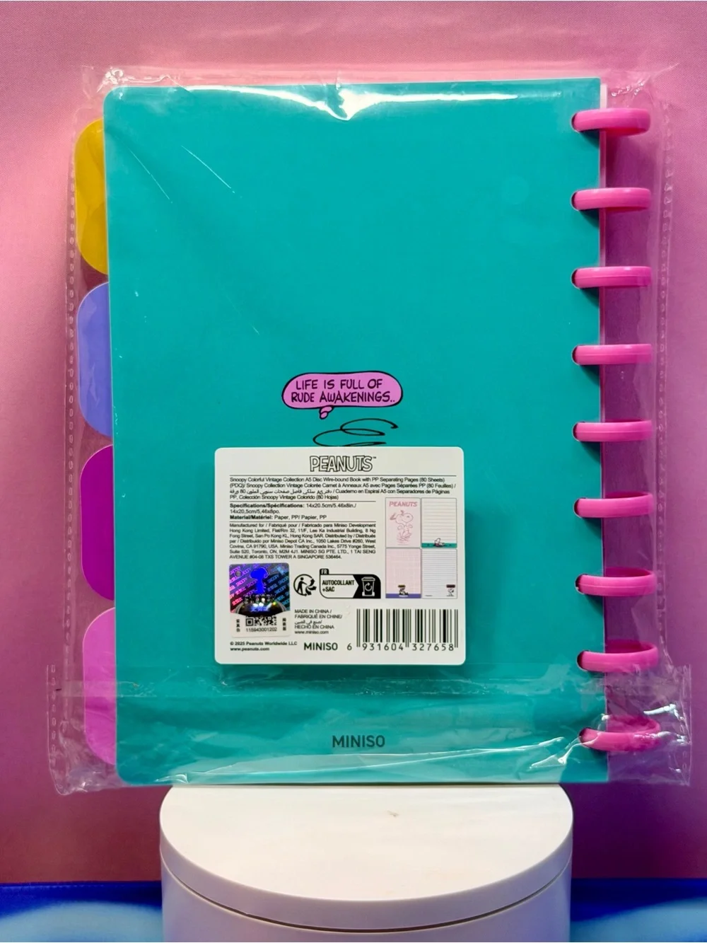 Peanuts Turquoise Notebook with Pink Binding and Multicolor Tabs